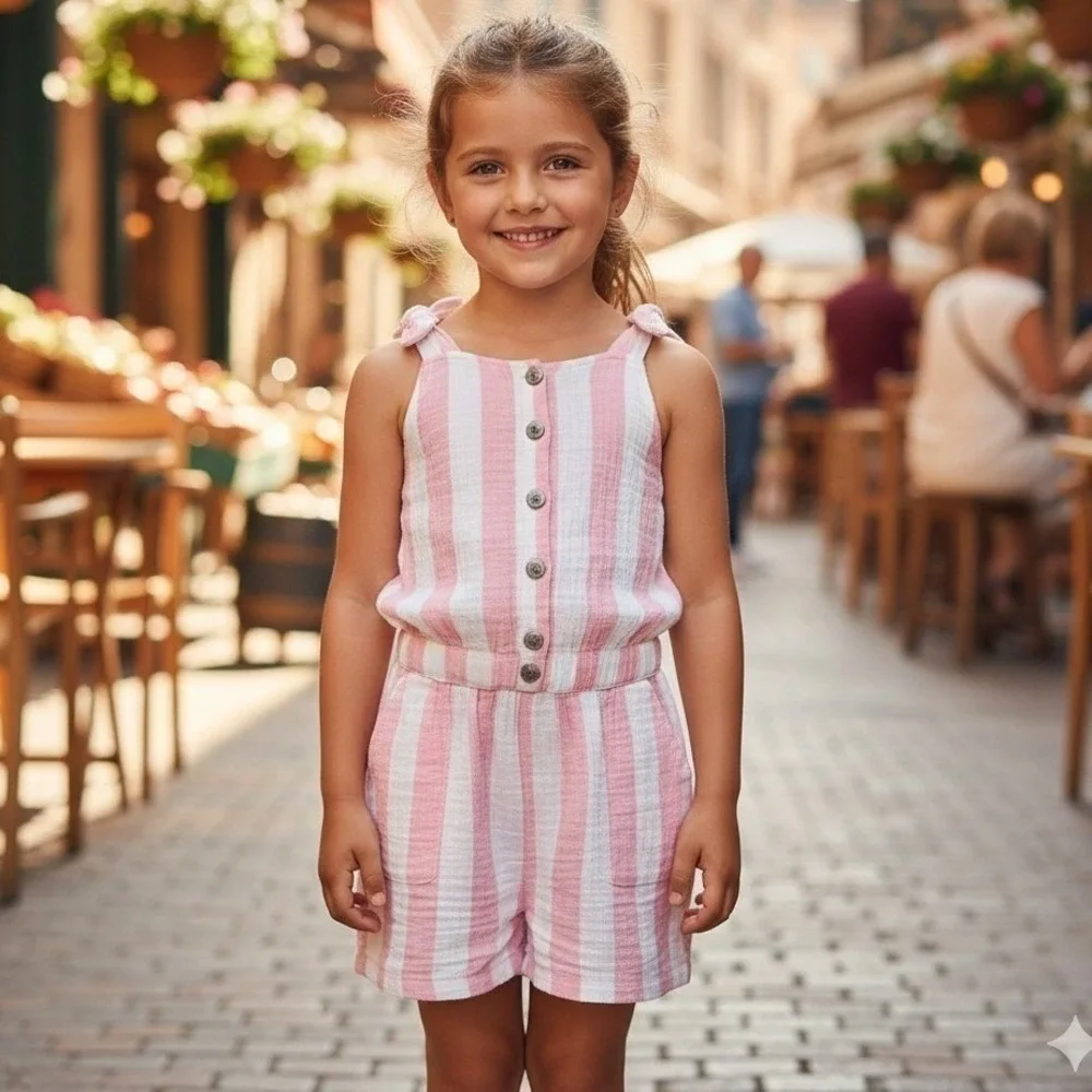 NWT Vertbaudet Romper Girls 6 Pink White Striped Sleeveless Ruffle Trim Jumpsuit
